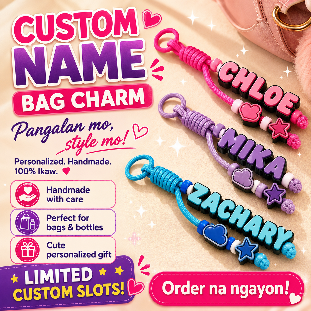 PERSONALIZED PARACORD CHUNKY NAME KEYCHAIN | CUSTOM NAME BAG CHARM | BOTTLE CHARM